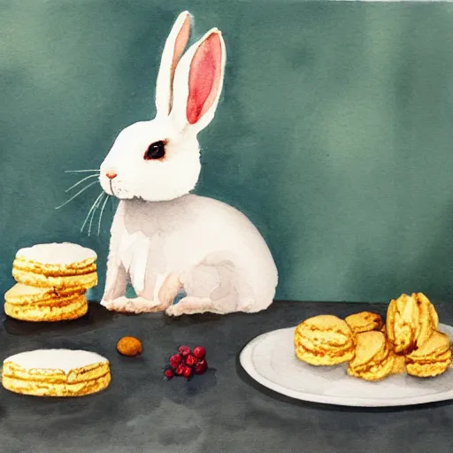 Image similar to a rabbit posing with cookies and macaroons in a kitchen, watercolour realism