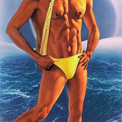 Image similar to science fiction boris vallejo portrait of joe biden wearing monokini in the movie zardoz