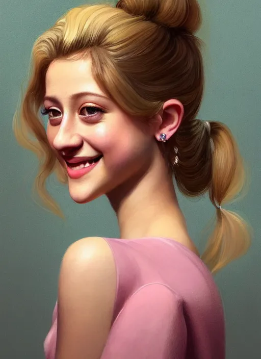 Image similar to portrait of lili reinhart with fluffy bangs, smiling kindly, bangs, 1 9 6 0 s, ponytail, curly bangs and ponytail, rounder face, intricate, elegant, glowing lights, highly detailed, digital painting, artstation, concept art, smooth, sharp focus, illustration, art by wlop, mars ravelo and greg rutkowski