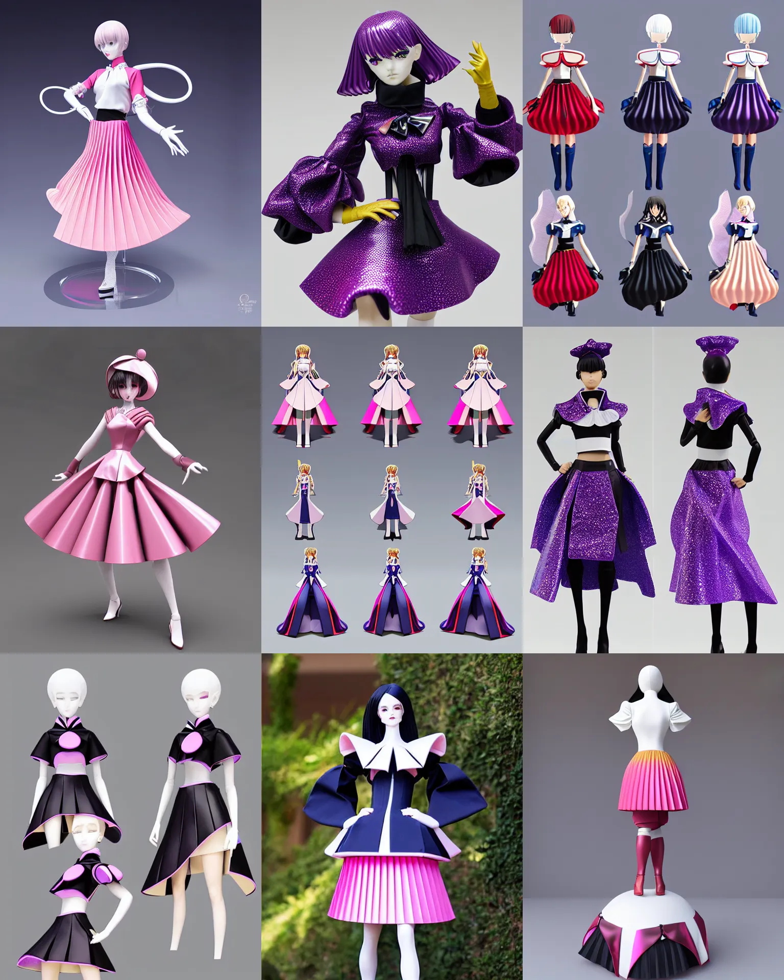 Prompt: designer magical girl figure collection ball shaped accordion sleeve haute couture, sailor uniform, midi skirt, coat pleats, synthetic curves striking pose, dynamic folds, cute huge pockets hardware, volume flutter, youthful, modeled by modern designer bust, body fit, award fashion, holographic tones, expert composition, high detail, professional retouch, editorial photography