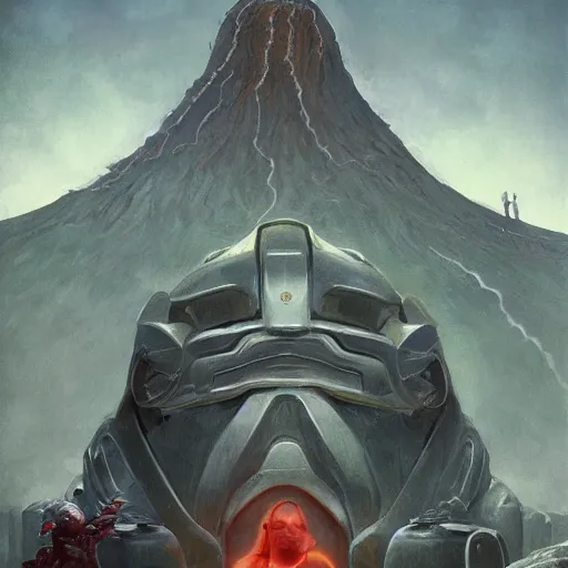 Image similar to portrait Madman Man Master Chief Sacrificing sacrificing the Elves to a Volcano Volcano God Volvo Commercial Altar Altar made of lasers and garden hoses rufino tamayo giorgio de chirico marc simonetti greg rutkowski james gilleard anton semenov