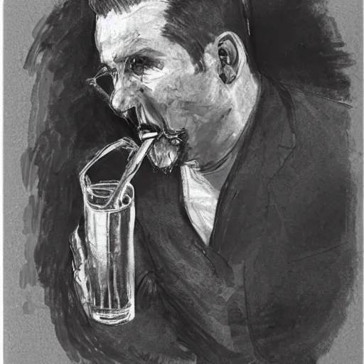 Prompt: sketch of a russian man drinking vodka bottle, detailed