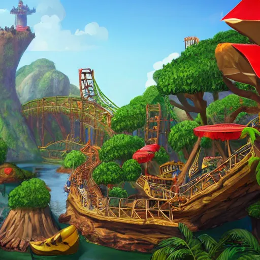 Prompt: digital concept art of donkey kong country theme park, artstation, high quality