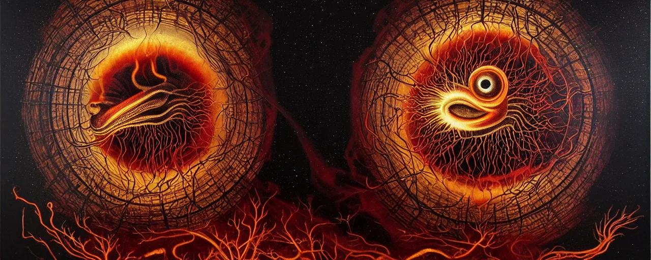 Image similar to a strange fire creature with endearing eyes radiates a unique canto'as above so below'while being ignited by the spirit of haeckel and robert fludd, breakthrough is iminent, glory be to the magic within, in honor of saturn, dark detailed oil painting by ronny khalil