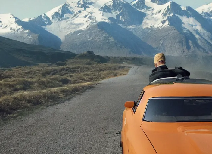 Image similar to a very high resolution image from a new movie, eminem driving a car. mountains, directed by wes anderson