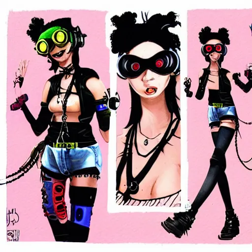 Image similar to cybergoth girl wearing goggles and eccentric jewelry by jamie hewlett, jamie hewlett art, full body character concept art, - h 7 6 8