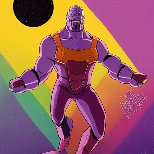 Prompt: thanos in a dress riding down a rainbow