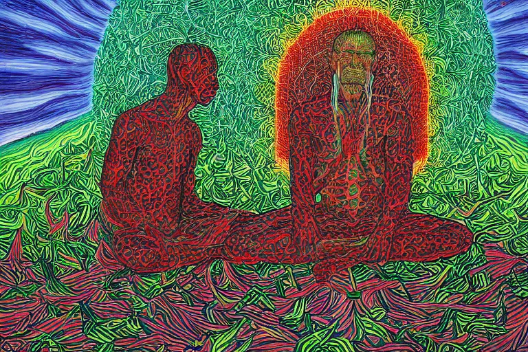 Prompt: a man meditating under a tree by alan davis and alex grey,