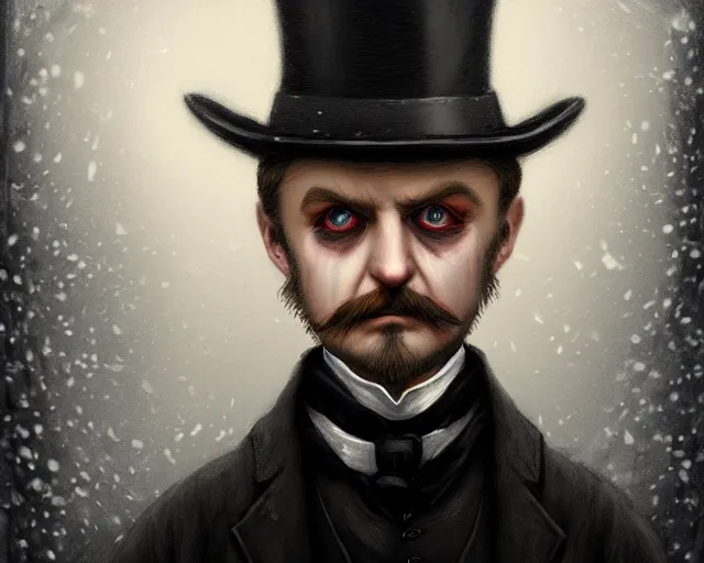 Image similar to closeup profile portrait of jack the ripper walking the streets of victorian london, nicoletta ceccoli, mark ryden, lostfish, max fleischer, hyper realistic, artstation, illustration, digital paint, matte paint, vivid colors, bright, cheerful, detailed and intricate snow environment