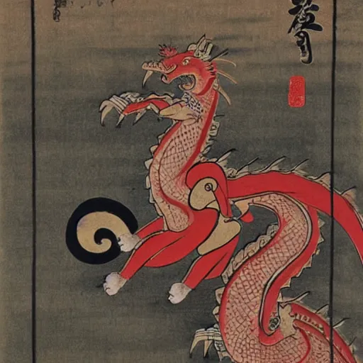 Prompt: samurai cat, riding a dragon, edo style art