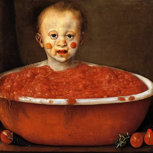 Image similar to a boy sitting in a tub full of tomato sauce, by giuseppe arcimboldo, renaissance, portrait, fruit, detailed oil paint, high definition