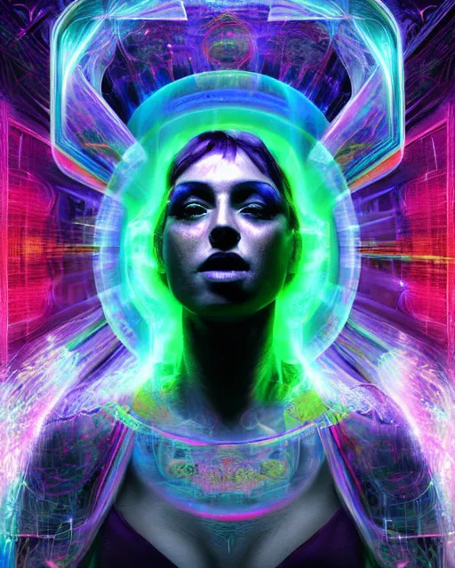 Image similar to a powerful energy psychedelic matrix priestess, by alexander fedosav, hyper detailed digital matte painting, concept art, hyperrealism, 1 6 k resolution, cinema 4 d, 8 k resolution, trending on artstation, behance hd, a masterpiece, by stephan martiniere, particles, cel - shaded, power bright neon energy, by david a. hardy,