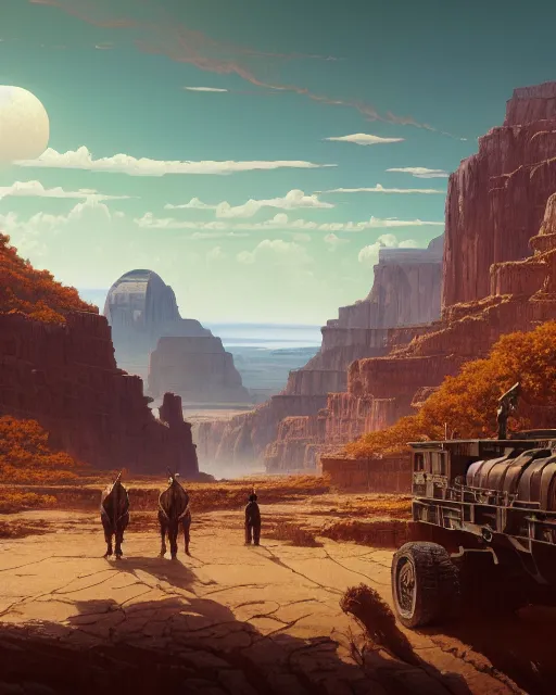 Image similar to highly detailed vfx landscape of westworld, stephen bliss, unreal engine, greg rutkowski, loish, rhads, beeple, makoto shinkai and lois van baarle, ilya kuvshinov, rossdraws, tom bagshaw, alphonse mucha, global illumination, detailed and intricate environment