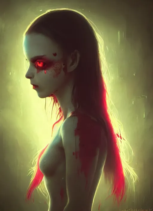 Prompt: profile of sinister girl with pouty aerochrome lips, fungal, adorable, cute bandaid on nose!!, expressive eyes, playful pose of a demon, greg rutkowski, charlie bowater, yuumei, stephen gammell, unreal 5, daz, hyperrealistic, octane render, rpg portrait, dynamic lighting, fantasy art, beautiful face