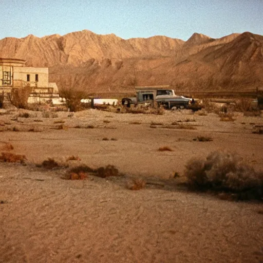 Image similar to 1 9 7 0 s movie still of a empty monstrous stalinist style town in the desert, cinestill 8 0 0 t 3 5 mm eastmancolor, heavy grain, high quality, high detailed