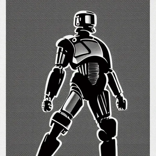 Prompt: RoboCop silkscreen poster by Andy Warho. Duotone silver and black on white paper. Paper texture