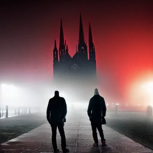 Prompt: zombies in front of gothic cathedral, fog, crepuscular, martian volumetric lights