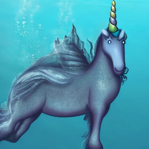 Image similar to a photo of an underwater unicorn discovered by scientists in the murky depths of the ocean using a submersible