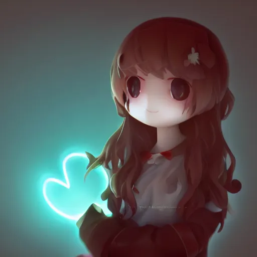 Prompt: cute fumo plush of a girl with a big heart, very long and unkempt hair, stylized pbr, subsurface scattering, outline glow lens flare, blob anime, bokeh, vray