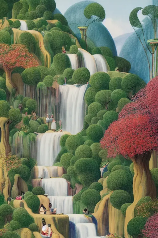 Prompt: hanging gardens of babylon, waterfalls, blooming hills with spring flowers and pillars by helen lundeberg