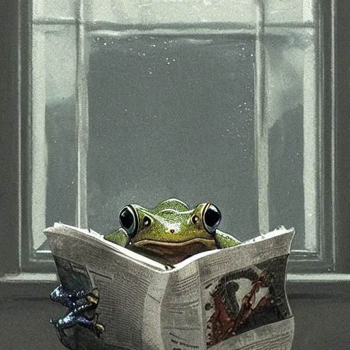 Image similar to A frog reading the newspaper in his armchair in the background books near a window by Greg rutkowski, Trending artstation