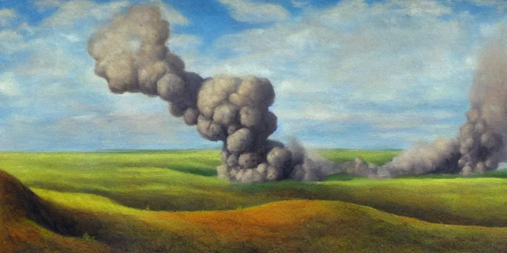 Image similar to an eastern front battlefield landscape, summertime, shell craters, distant smoke column on the horizon, oil painting in the style of peredvizhniki