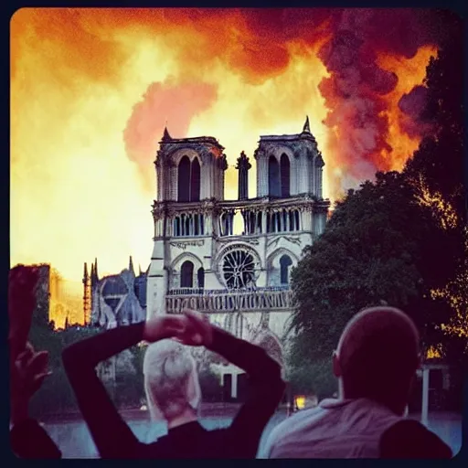 Image similar to “minions laughing as the Notre dame burns behind them”