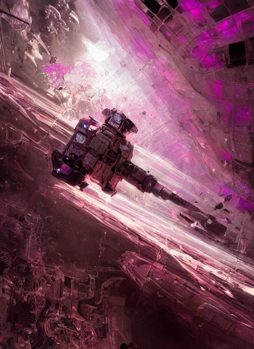 Image similar to pink concept art by craig mullins astronauts in futuristic dark and empty spaceship underwater. complex and hyperdetailed technical suit. mandelbulb fractal. reflection and dispersion materials. rays and dispersion of light. volumetric light. 5 0 mm, f / 3 2. noise film photo. flash photography. octane render. interstellar movie art