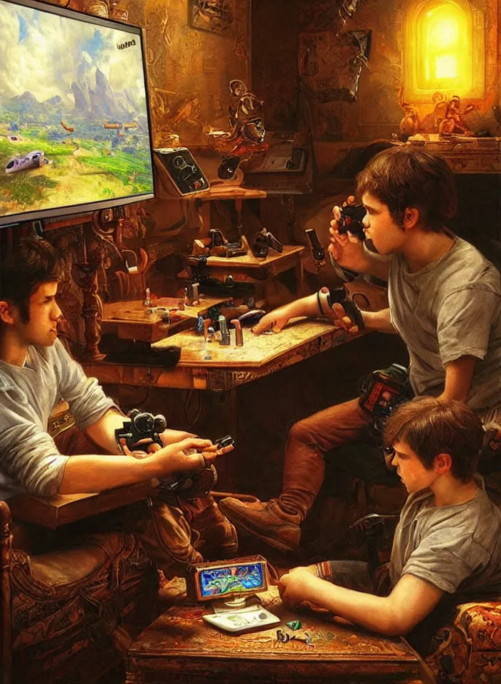 Image similar to Men playing video games on CRT television using Atari joysticks. Painting by Sophie Anderson. Intricate details. hyper realism. Masterpiece.