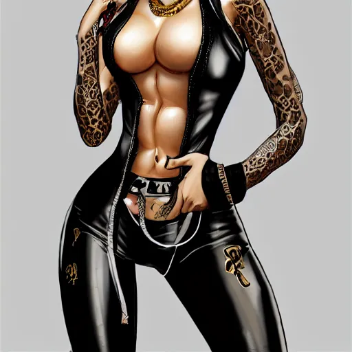 Image similar to yakuza slim girl, gold suit jacket in snake print, jacket over bare torso, yakuza tattoo on body, black short curtain haircut, black leather pants with black belt, elegant, 2d, ultra highly detailed, digital painting, smooth, sharp focus, artstation, art by artgerm, rossdraws