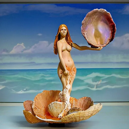 Image similar to The installation art depicts the moment when the goddess Venus is born from the sea. She is shown standing on a giant clam shell, with her long, flowing hair blowing in the wind. The installation art is full of light and color, and Venus looks like she is about to step into a beautiful, bright future. tilt-shift by John Perceval, by Gerald Brom rich