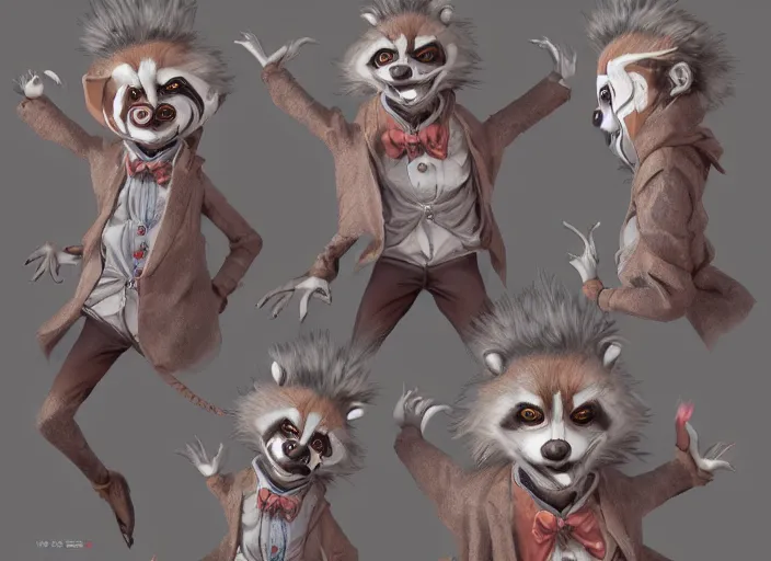 Image similar to award - winning detailed concept art of a strange creepy clown iconic anthropomorphic raccoon character wearing clown makeup. art by wlop on bcy. net, realistic. detailed fur, art by cheng yi. artstationhd, artgerm, 3 dcg, pixar zootopia. 3 d rendering, high quality model sheet, disney. model sheet detailed