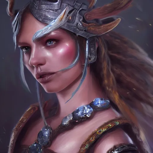 Prompt: character concept art, portrait of fantasy female warrior, beautiful facem shining eyes, crystals, covered in plants, realistic oil painting, dramatic, cinematic light, trending on artstation, highly detailed