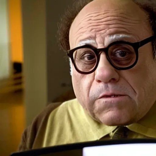 Prompt: danny devito bleary eyed at a computer, film still from the movie directed by Denis Villeneuve