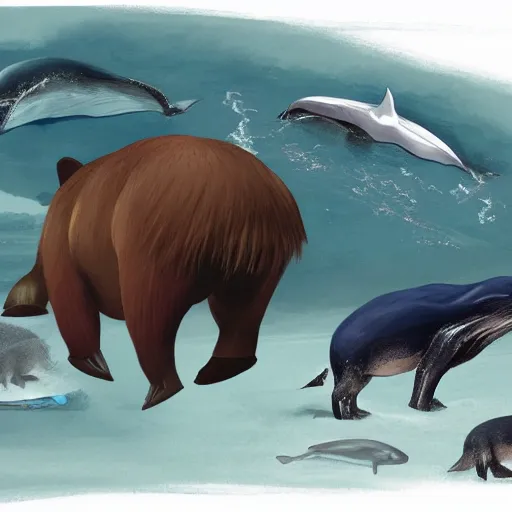 Image similar to capybaras converging on whale evolution, highly detailed concept art