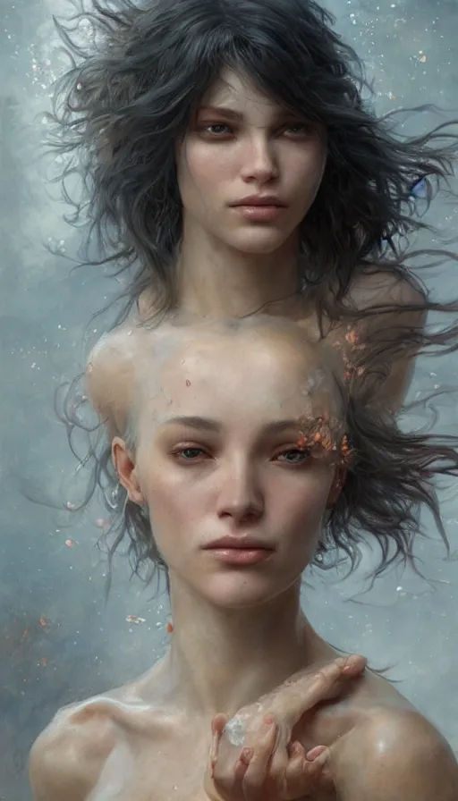 Image similar to epic masterpiece mila jovovic, sweaty skin, hyperrealistic, octane render, cinematic, beautiful face and flawless skin, perfect hands, 5 fingers, by Edgar Maxence and Ross Tran and Michael Whelan, Legends of Runeterra