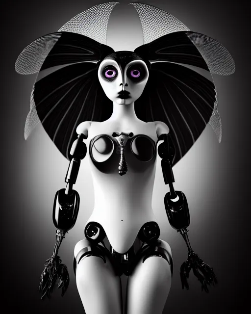 Image similar to surreal mythical dreamy dark artistic black and white fine art 3 / 4 fashion portrait photo of a young beautiful delicate female robot - witch - owl with orchid - doll face, rim light, cinematic, studio dramatic light, poetic, masterpiece, octane render, 8 k, photo - realistic by gustave dore hg giger