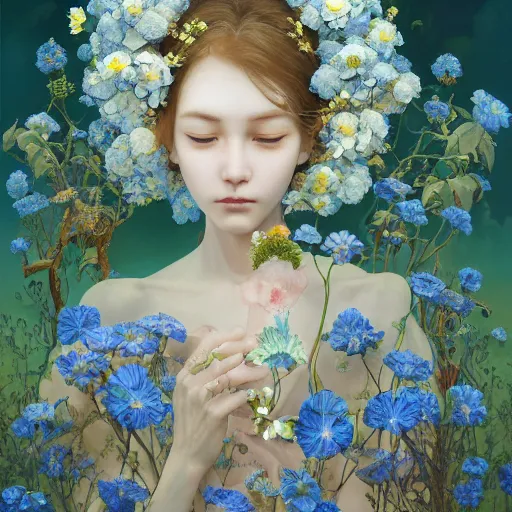 Image similar to breathtaking detailed concept art painting of the goddess of nemophila flowers, orthodox saint, with anxious, piercing eyes, ornate background, amalgamation of leaves and flowers, by Hsiao-Ron Cheng, James jean, Miho Hirano, Hayao Miyazaki, extremely moody lighting, 8K