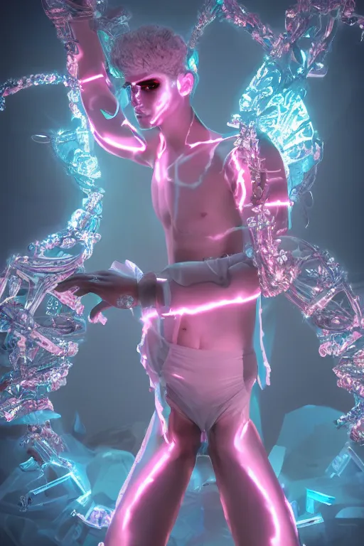Image similar to full-body rococo and cyberpunk style crystal quartz sculpture of a young handsome seductive Puerto Rican android gogo boy reaching for the sky, glowing pink laser eyes, crown of white gears and diamonds, swirling green-colored silk fabric. futuristic elements. full-length view. intricate artwork by caravaggio. Trending on artstation, octane render, cinematic lighting from the right, hyper realism, octane render, 8k, depth of field, 3D