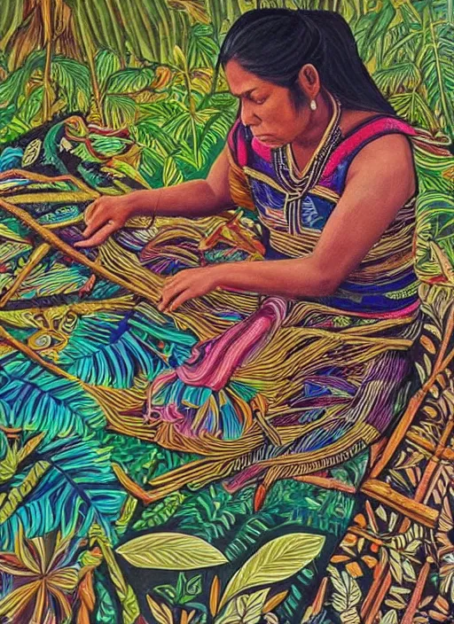 Image similar to a beautiful painting of an indigenous female crafting a beautiful fabric in the jungle, realistic, ayahuasca