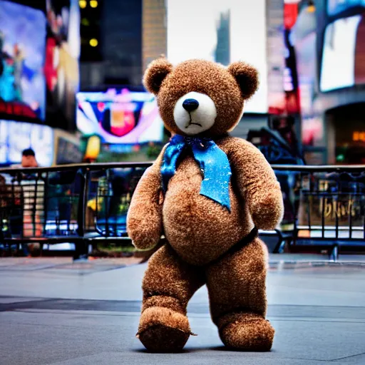 Image similar to teddy bear skateboarding in time square, bokeh, hyper realistic, street photography