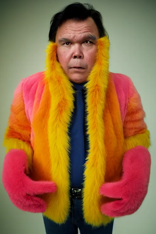 Image similar to 1 8 mm f 1 6 wide shot full body portrait photography of a worried man wearing pink and yellow fur mittens who looks like a mix of lou diamond phillips and jack black wearing a retro alien invasion movie costume from the 1 9 6 0 s, photo by gregory crewdson