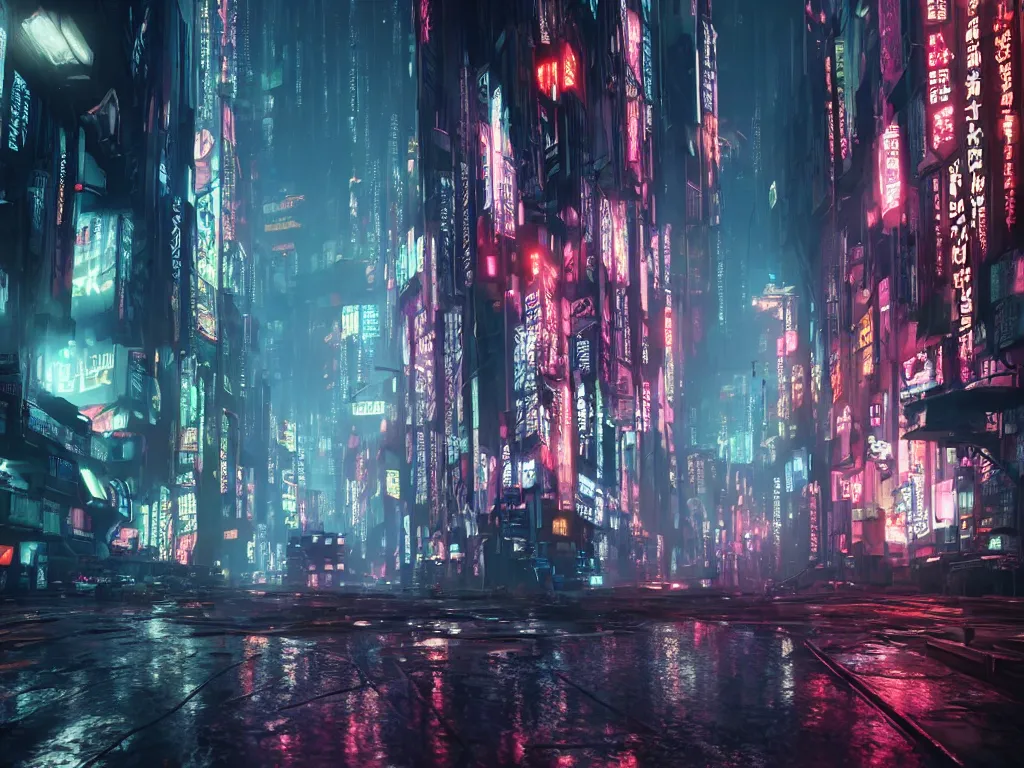 Image similar to cyberpunk lovecraft vibe in blade runner with hiromasa ogura set design, epic exterior streetscape with flying cars, high octane, stunning cinematic lighting, dark mood, abstract wet misty drizzling atmosphere, cthulhu, neon light bloom, light leaks 4 k unreal engine render lens flare