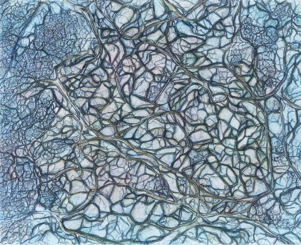 Image similar to Icy road meandering through fields of fire, aerial view, detailed coloured pencil drawing