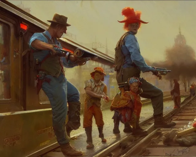 Image similar to clowns robbing a train using water guns, highly detailed painting by gaston bussiere, craig mullins, j. c. leyendecker 8 k