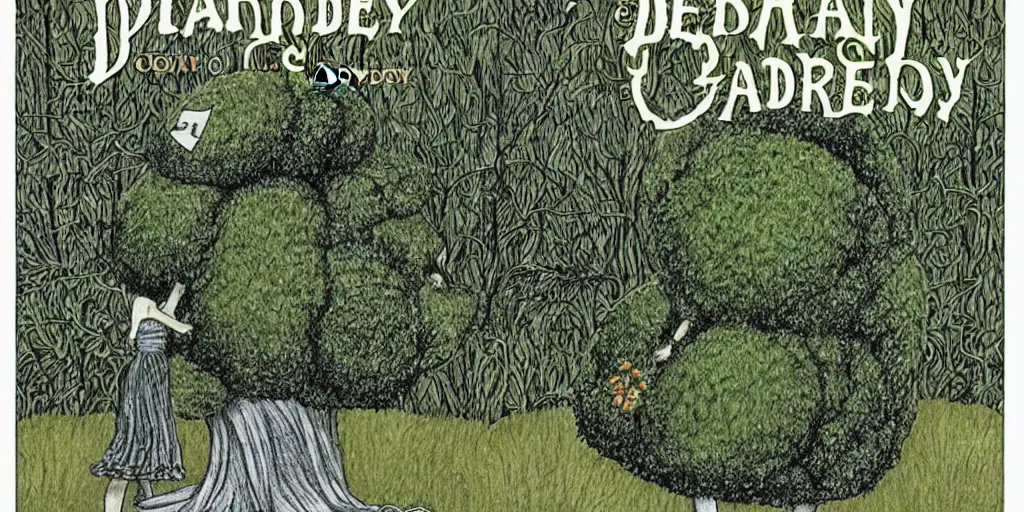 Prompt: deadly garden topiary book cover by edward gorey - n 9