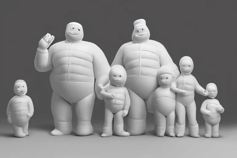 Prompt: alabaster Bibendum model, family portrait of Michelin Man, Bibendum family portrait, sculpture, photograph, studio lighting, product photography, while marble, figurine, octane render