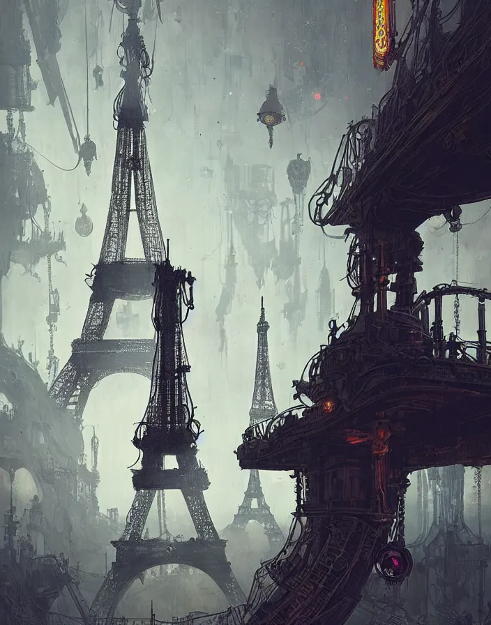 Image similar to a steampunk eiffel tower in heaven, steampunk dirty world, by wlop, greg rutkowski and beeple