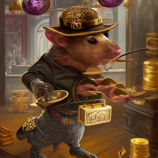 Image similar to anthropomorphized rat thief stealing gold coins from a shop, wearing fancy hat and clothes, concept art, insanely detailed and intricate, hypermaximalist, elegant, ornate, hyper realistic, super detailed, art deco, cinematic, trending on artstation, magic the gathering artwork