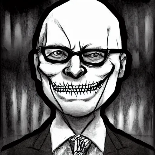 Prompt: grunge drawing of Klaus Schwab in the style of jack skellington and Jacob Shaw,creepy, surreal, trending on artstation, bold and vivid colour